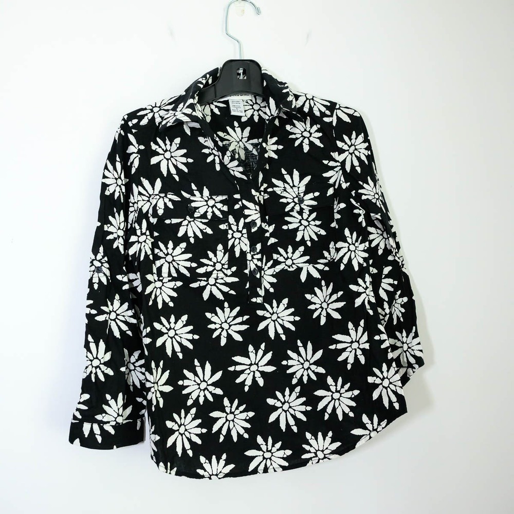 Cathy Daniels Blouse S Black Excellent Floral Linen Blend Roll Tab Sleeve